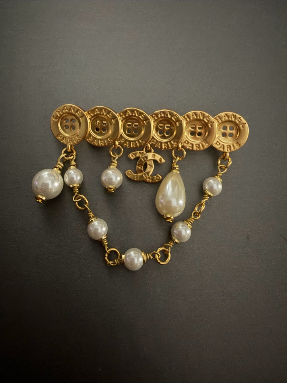 Gold-Tone Button & Pearl Drop Brooch - Gold & White Pearls